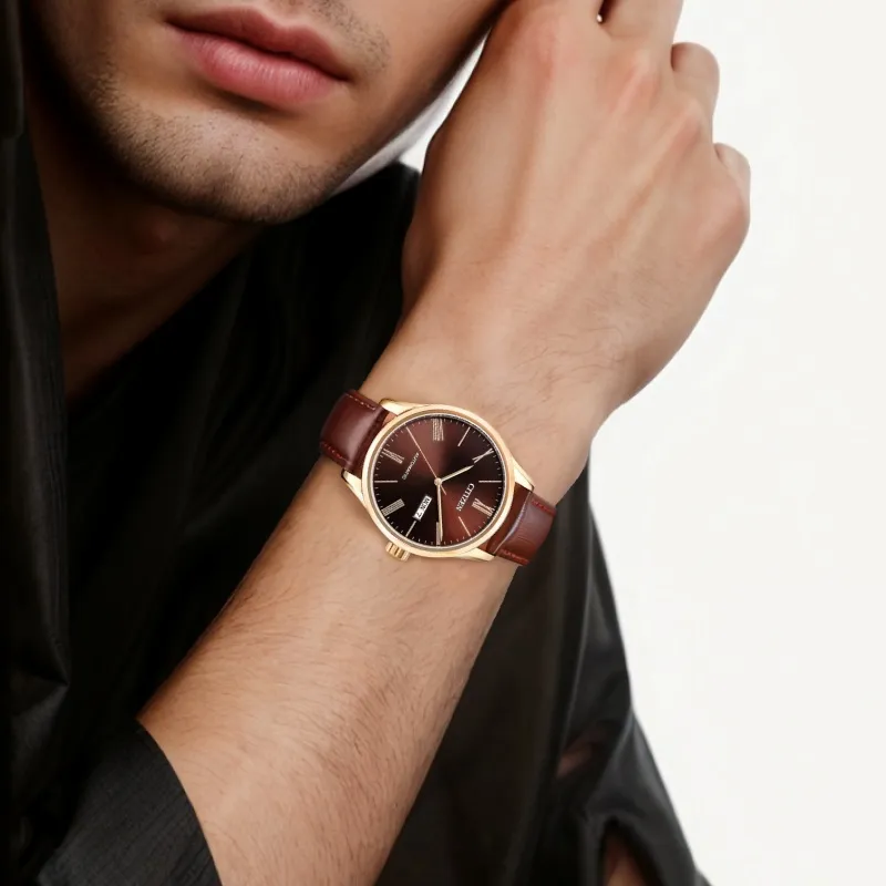 CITIZEN Mechanical Movement Cowhide Strap Watch 41mm Men's Watch Coffee Watch Dial-3