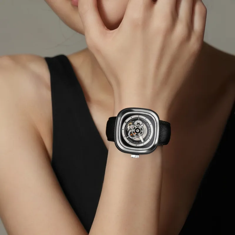 SEVENFRIDAY Automatic Mechanical Movement Unisex Watch 43mm Black Dial Stainless Steel Case Fabric Strap-2