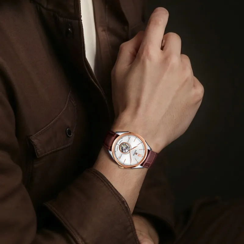 EBOHR Sky Wing Collection Automatic Mechanical Movement Genuine Leather Strap Watch Men's Watches Silver Dial-1