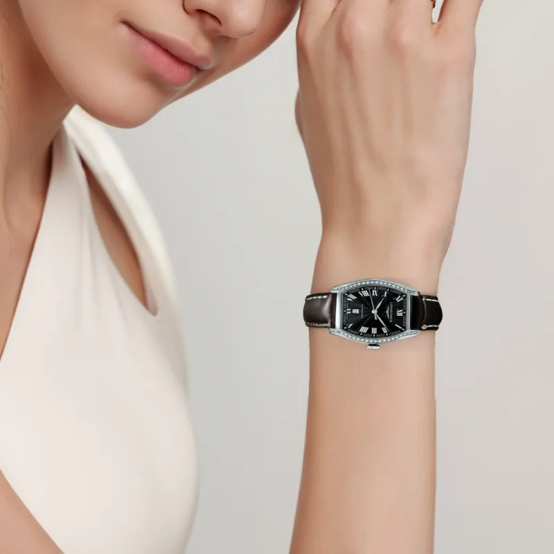 LONGINES Collection Automatic Mechanical Movement Women's Watch 26*30.6mm Black Dial Stainless Steel Case Leather Strap-3