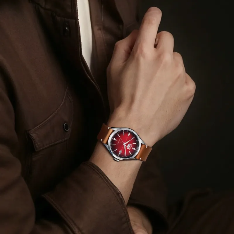 CITIZEN Mechanical Movement Cowhide Strap Watch Men's Watch Red Watch Dial-2