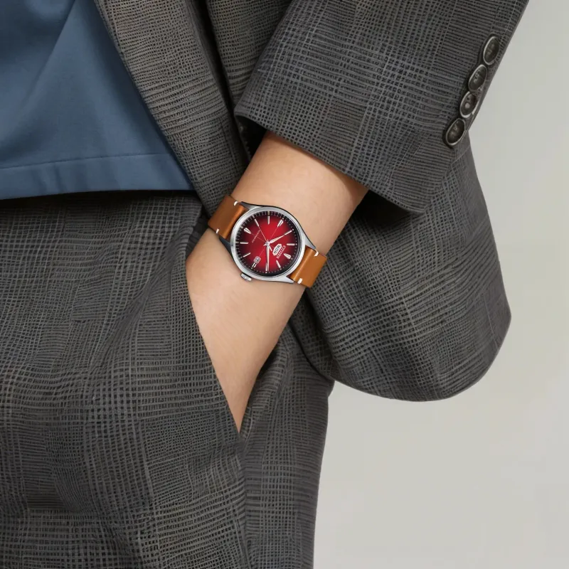 CITIZEN Mechanical Movement Cowhide Strap Watch Men's Watch Red Watch Dial-4