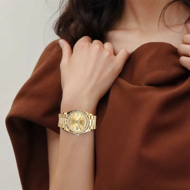 ROLEX Week type Calendar Automatic Mechanical Movement Unisex Watch 36mm Gold Dial 18ct Gold Watch Case-5