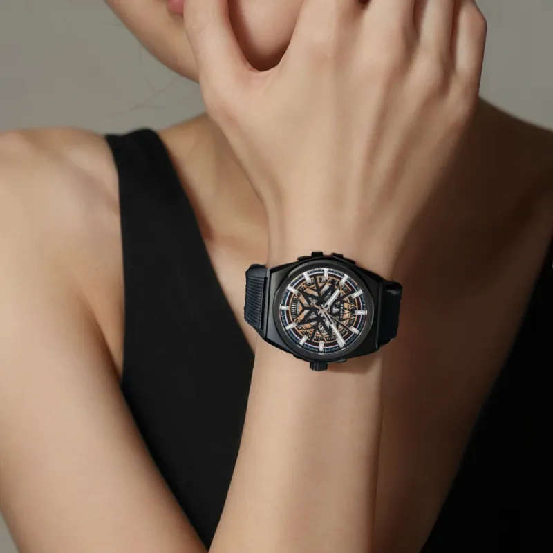 ZENITH DEFY Collection Automatic Mechanical Movement Unisex Watch 41mm Black Dial Ceramic Watch Case Rubber Strap-5