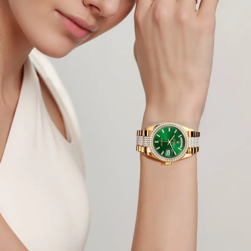 ROLEX Week type Calendar Automatic Mechanical Movement Women's Watch 36mm Green Dial 18K Gold Watch Case 18K Gold Strap-4