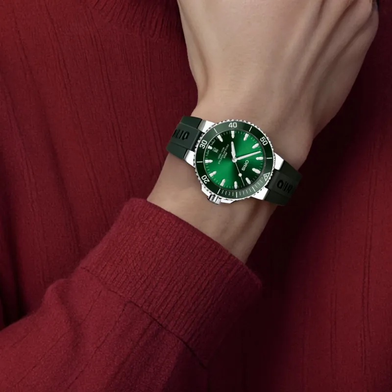 Oris Automatic Mechanical Movement Unisex Watch 41.5mm Green Dial Stainless Steel Case Rubber Strap-2
