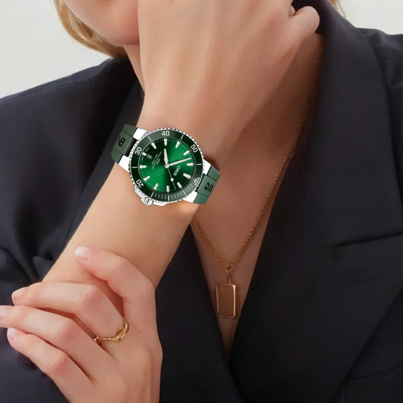 Oris Automatic Mechanical Movement Unisex Watch 41.5mm Green Dial Stainless Steel Case Rubber Strap-4