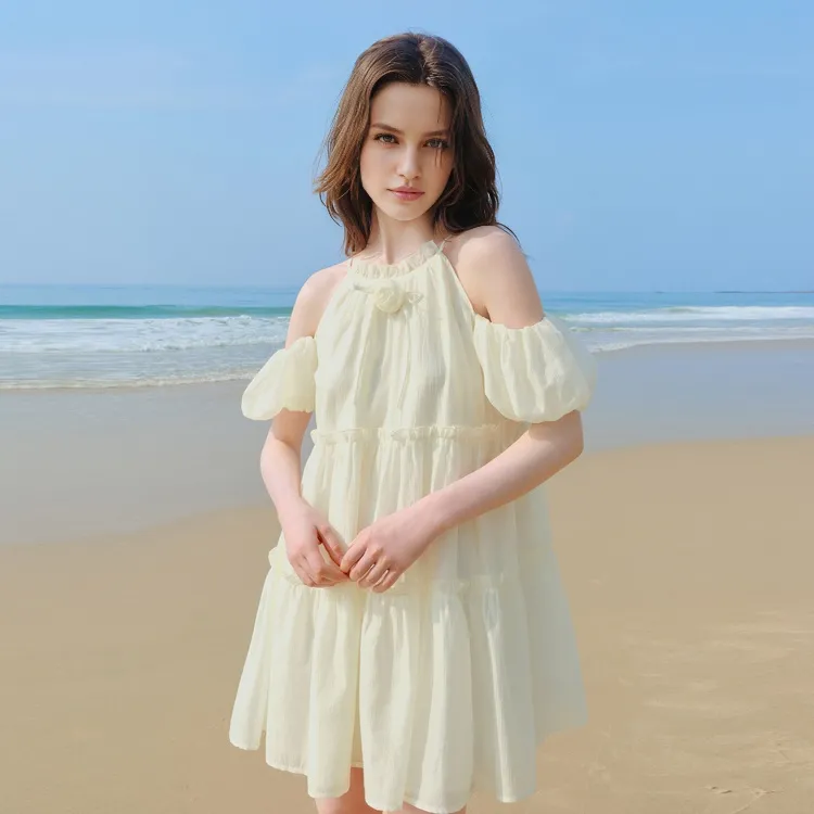 LEDIN Short Sleeved Dress Women's Beige Yellow-2