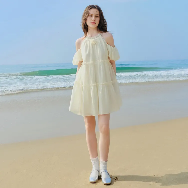 LEDIN Short Sleeved Dress Women's Beige Yellow-3