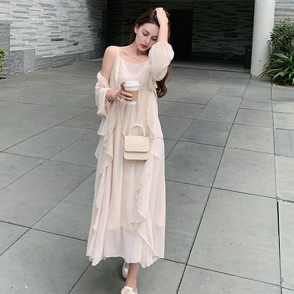 Icicofficial Slip Dresses Women's Apricot Two Piece Set-5