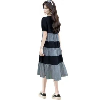 Cypress House Short-Sleeved Dresses Women's Black/Off-Gray Stripes