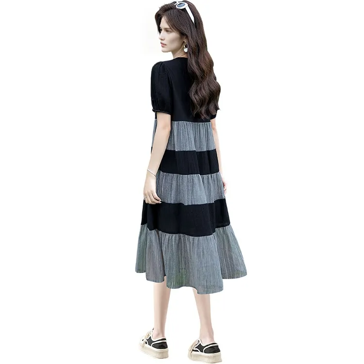 Cypress House Short-Sleeved Dresses Women's Black/Off-Gray Stripes-0