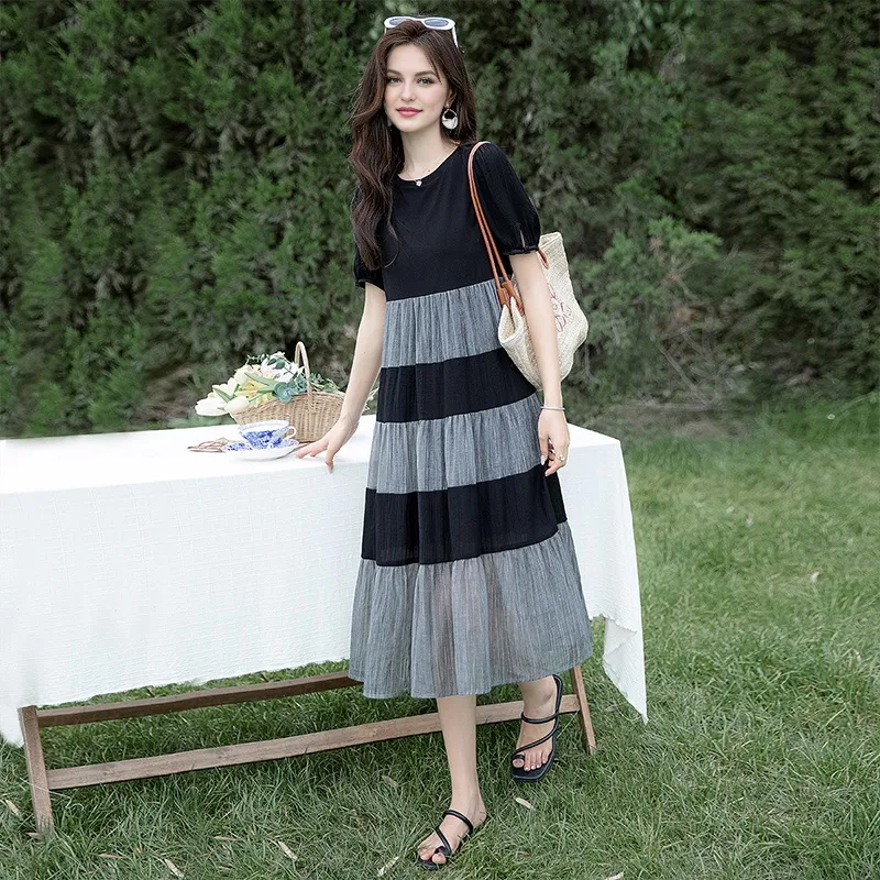 Cypress House Short-Sleeved Dresses Women's Black/Off-Gray Stripes-1