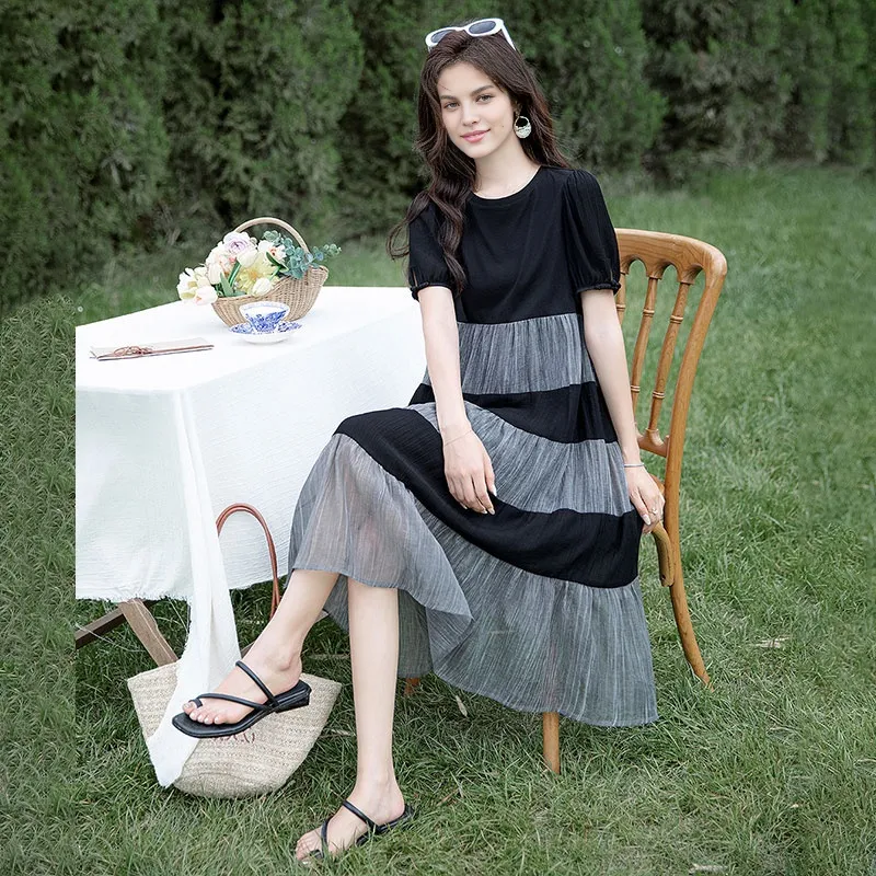 Cypress House Short-Sleeved Dresses Women's Black/Off-Gray Stripes-5