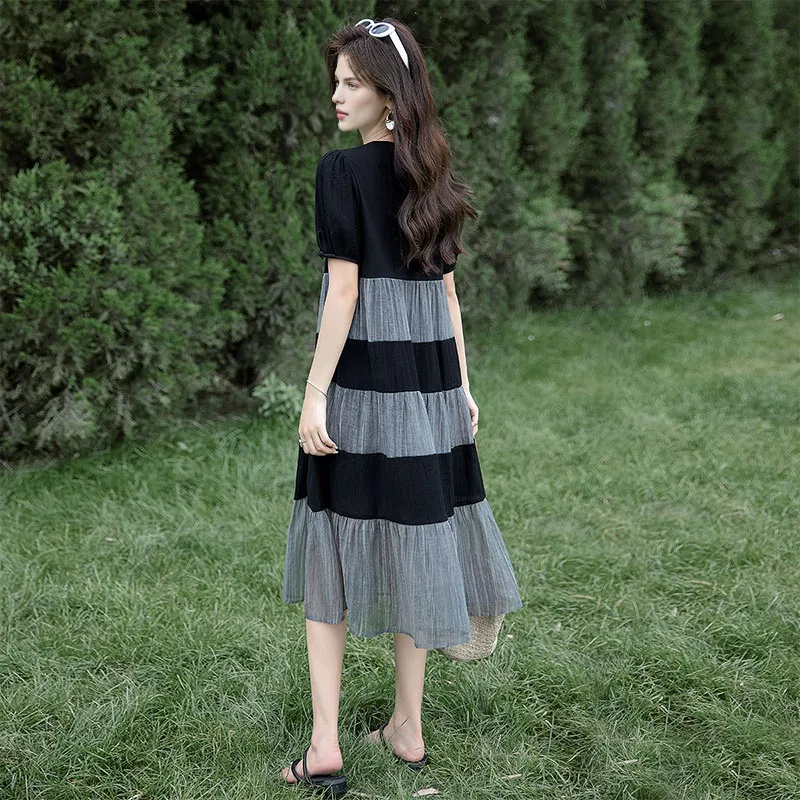 Cypress House Short-Sleeved Dresses Women's Black/Off-Gray Stripes-2