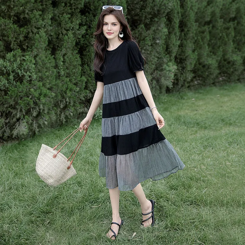 Cypress House Short-Sleeved Dresses Women's Black/Off-Gray Stripes-3