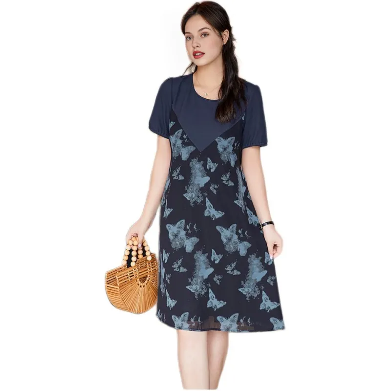DAMABAIFENBAI Short Sleeved Dresses Women's Navy Blue-4