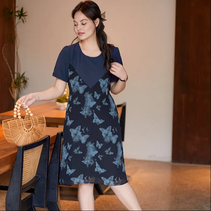 DAMABAIFENBAI Short Sleeved Dresses Women's Navy Blue-1