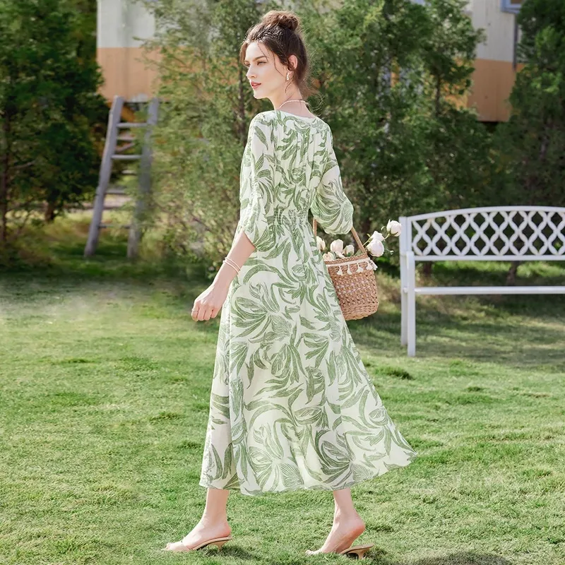 TOUCH Short Sleeved Dress Women's Beige With Green Leaf Print-5