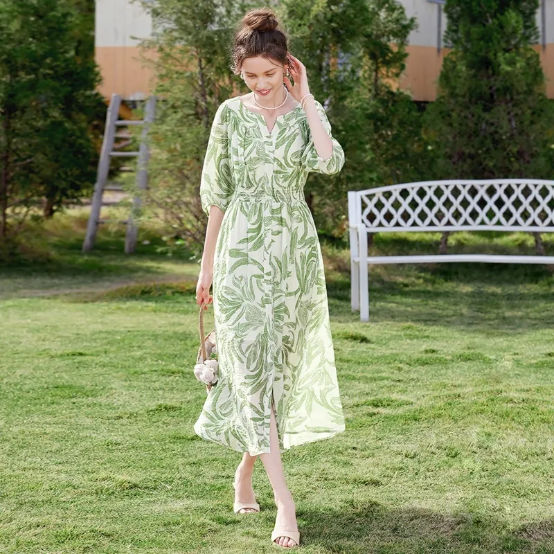 TOUCH Short Sleeved Dress Women's Beige With Green Leaf Print-4