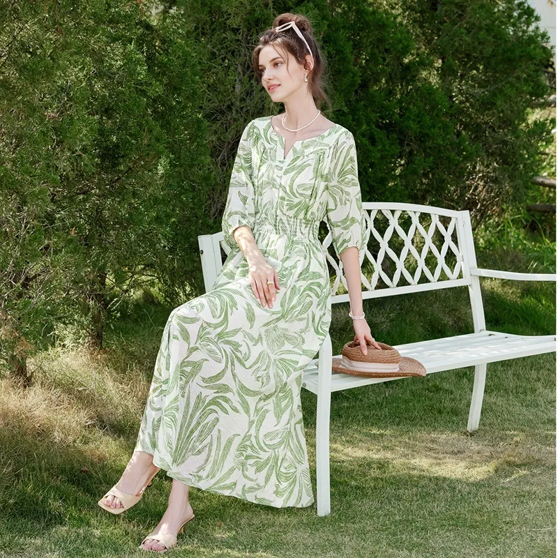 TOUCH Short Sleeved Dress Women's Beige With Green Leaf Print-6