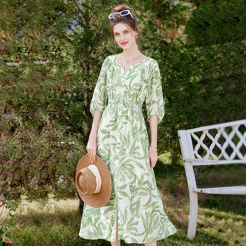 TOUCH Short Sleeved Dress Women's Beige With Green Leaf Print-7