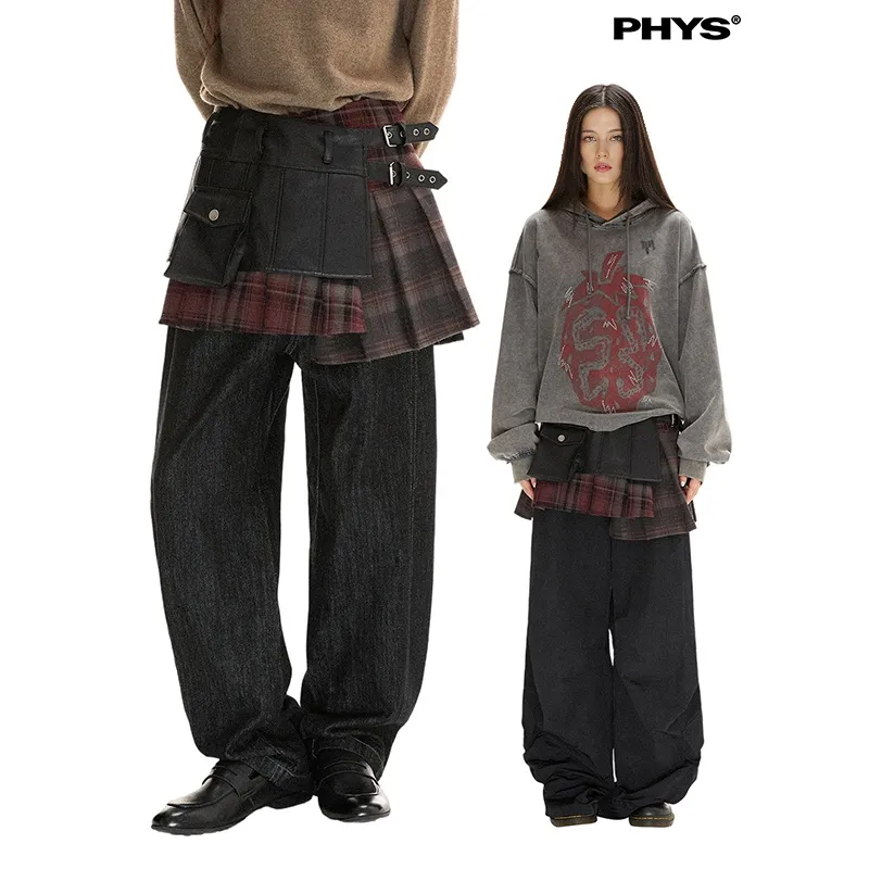 WULISHAONIAN Skirt Unisex Red Black Plaid-2