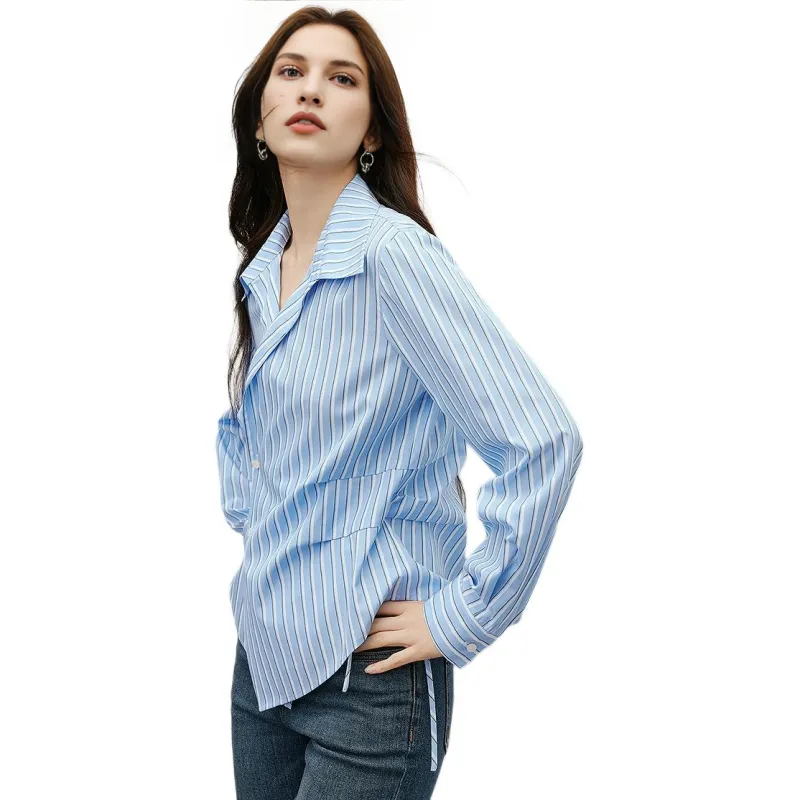 Hopeshow Shirt Women's Pink Blue Stripes-3