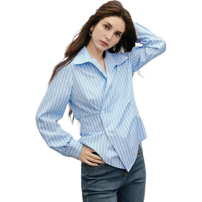 Hopeshow Shirt Women's Pink Blue Stripes-2