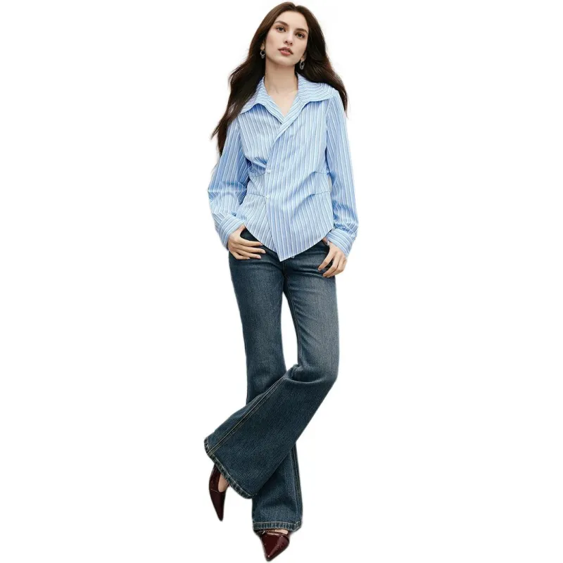 Hopeshow Shirt Women's Pink Blue Stripes-4