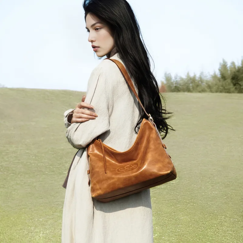 KAISER Top Grain Oil Wax Cow Leather Tote One Shoulder Bag Genuine Leather Women's Bag Regular Women's Amber/Black-3