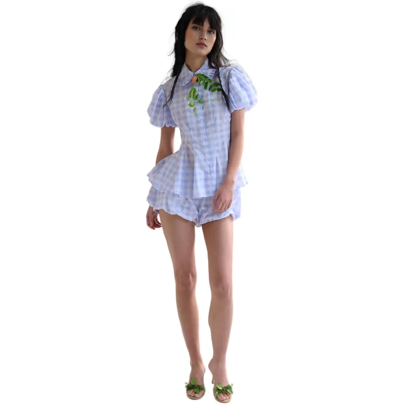 Selkie Collection SS25 Shirt Women's Sky Blue With White Square Print-3