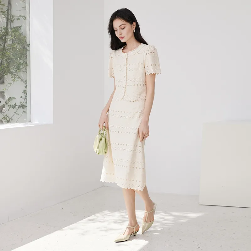 XIANGYING Two Piece Skirt Sets Women's Ecru-5