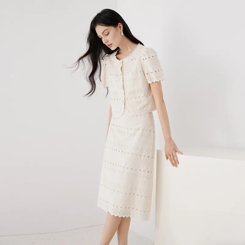 XIANGYING Two Piece Skirt Sets Women's Ecru-2