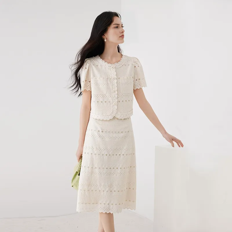 XIANGYING Two Piece Skirt Sets Women's Ecru-3