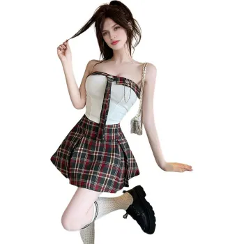 DGMZ Two Piece Skirt Sets Women's Strapless Top Plaid Skirt Clothing Sets