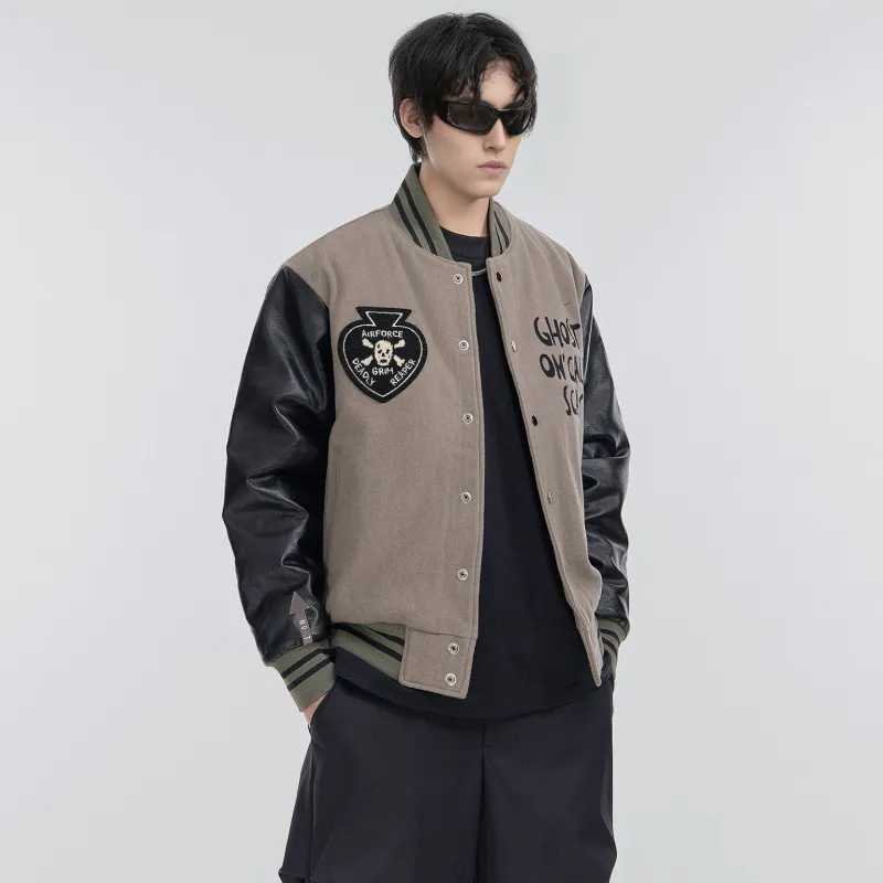 VIP Patchwork Leather Sleeves Wool Baseball Jacket Fleece Lined Puffer Jacket Unisex Black Gray Color-3