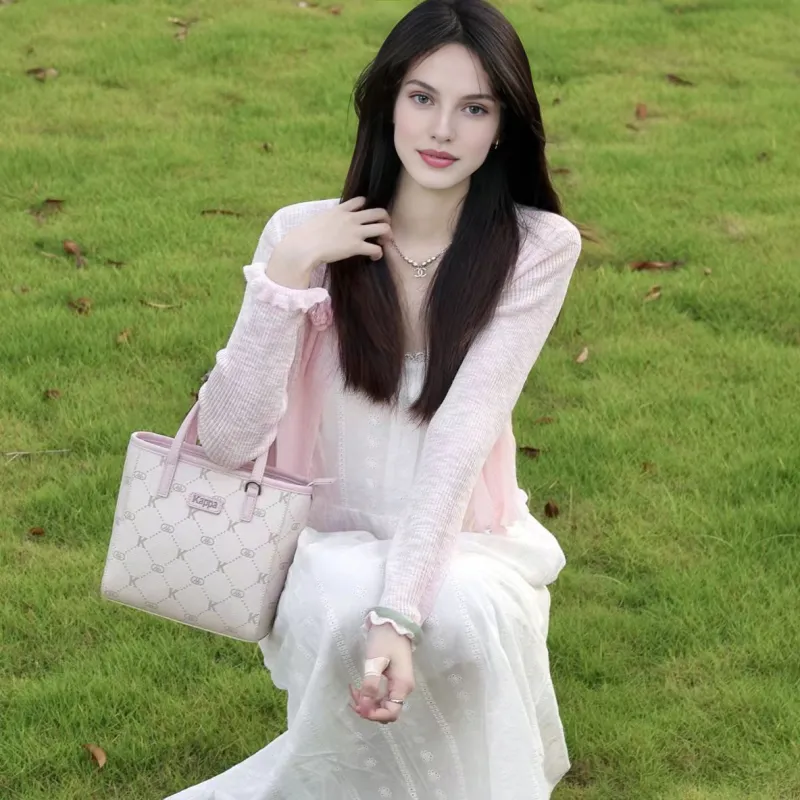 Kappa Matte Leather Litchi Grain Basket Bag, Small Tote, One Shoulder, Crossbody, Commuter Bag Women's Milk Foam Pink-3
