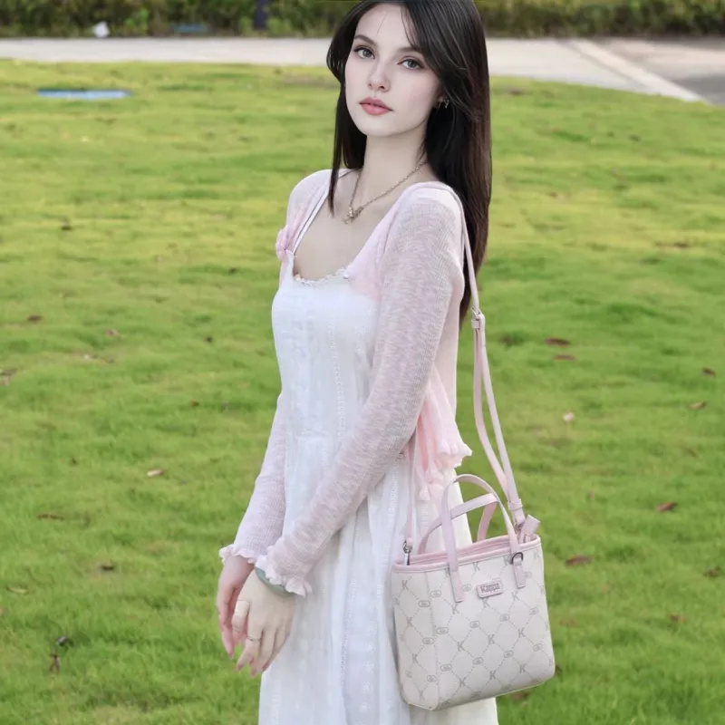 Kappa Matte Leather Litchi Grain Basket Bag, Small Tote, One Shoulder, Crossbody, Commuter Bag Women's Milk Foam Pink-4