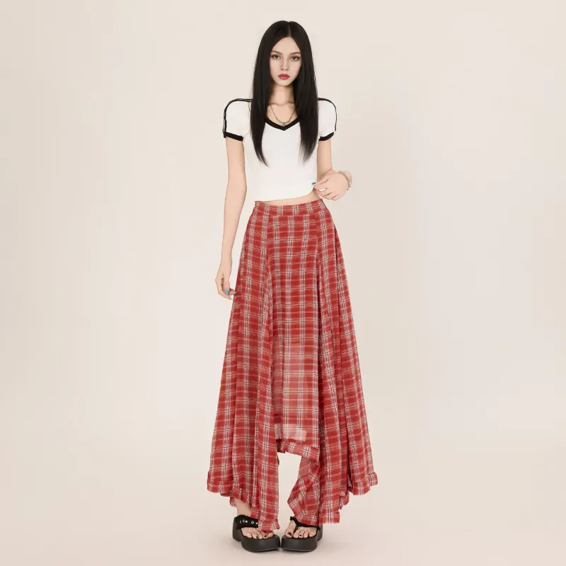 Wen Shan Casual Long Skirt Women's Red Plaid-2