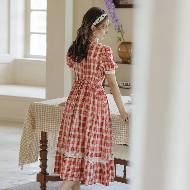 Mm Short Sleeved Dresses Women's Red Plaid-1