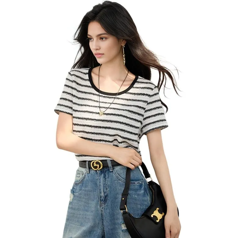 La Chapelle T Shirts Women's Black White Stripes-1