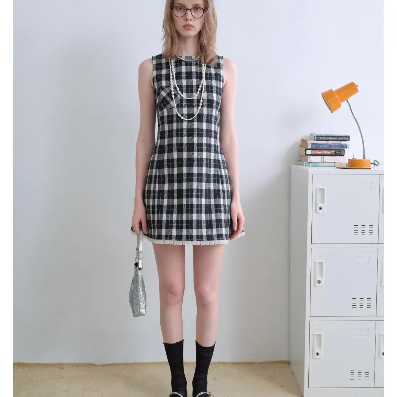 DOKZB Sleeveless Dresses Women's Black Plaid-2