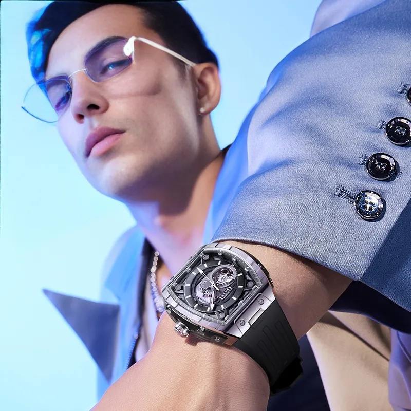 BONEST GATTI Phantom Speed Collection Automatic Mechanical Movement Rubber Strap Watch Men's Watches Black Dial-3