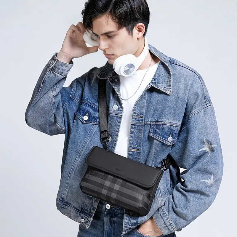 POLO PVC Synthetic Leather Men's Crossbody Bag, Shoulder Bag Medium Size Men's Black Plaid-5