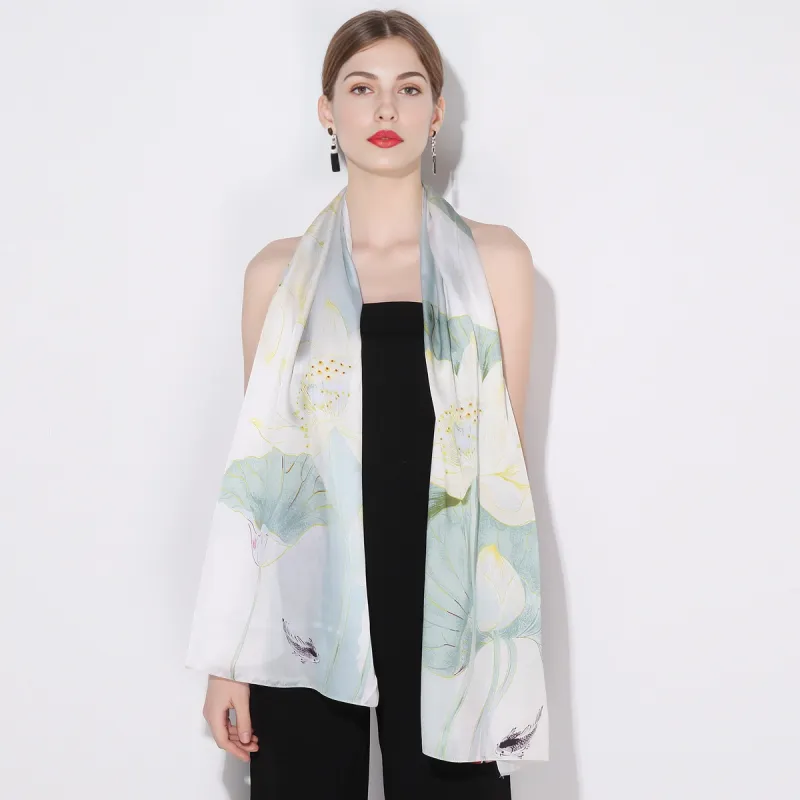 Shanghai Story 100% Mulberry Silk Scarves Women's Lotus Charm, Light Green, Gift Box Set-13