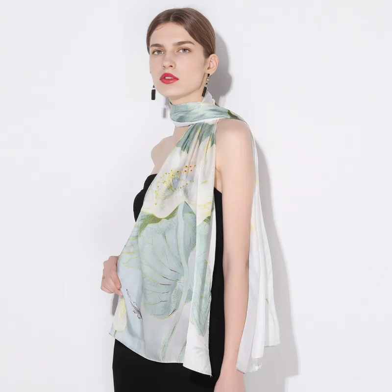 Shanghai Story 100% Mulberry Silk Scarves Women's Lotus Charm, Light Green, Gift Box Set-14