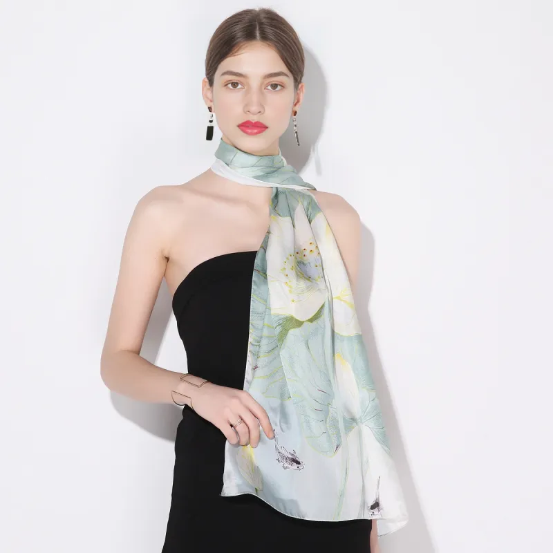 Shanghai Story 100% Mulberry Silk Scarves Women's Lotus Charm, Light Green, Gift Box Set-15