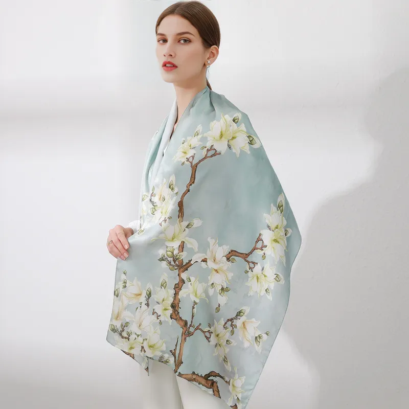 Shanghai Story 100% Mulberry Silk Scarves Women's Lotus Charm, Light Green, Gift Box Set-27