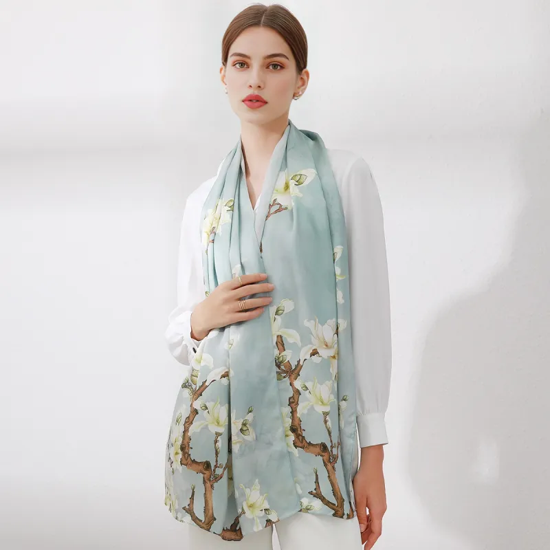 Shanghai Story 100% Mulberry Silk Scarves Women's Lotus Charm, Light Green, Gift Box Set-29
